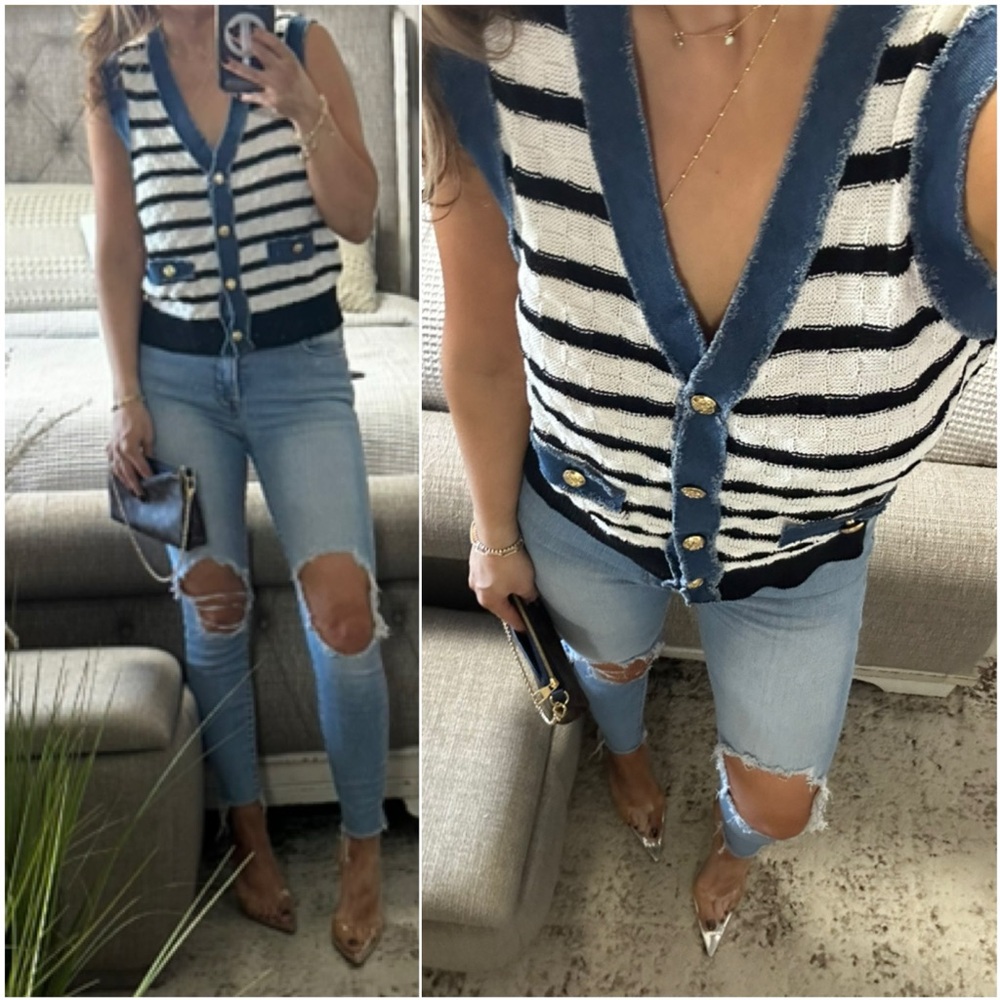 New💕Striped Sleeveless Cardigan with Gold Buttons